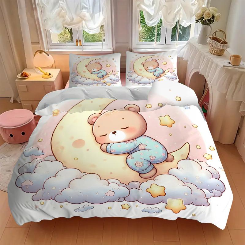 3-teiliges Bären auf dem Mond Bettwäsche-Set - Weich und bequem für Schlafzimmer, Gästezimmer und Wohnheim Dekor Bettwäsche-Set 1 Bettbezug + 2 Kissenbezüge.M012