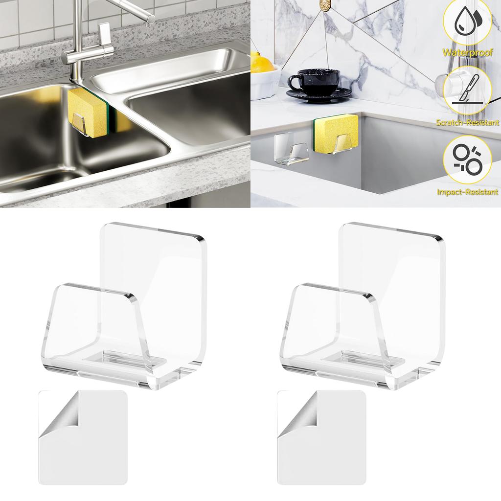 Pack Of 2 Kitchen Sink Sponge Holder Strong Adhesive Acrylic Rack for Dish Sponges and Brushes Bathroom Accessories
