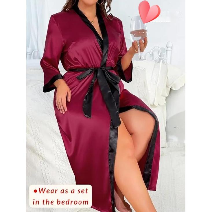 Women's Plus Size Valentines Robe, Sexy Satin Robe Long Sleepwear