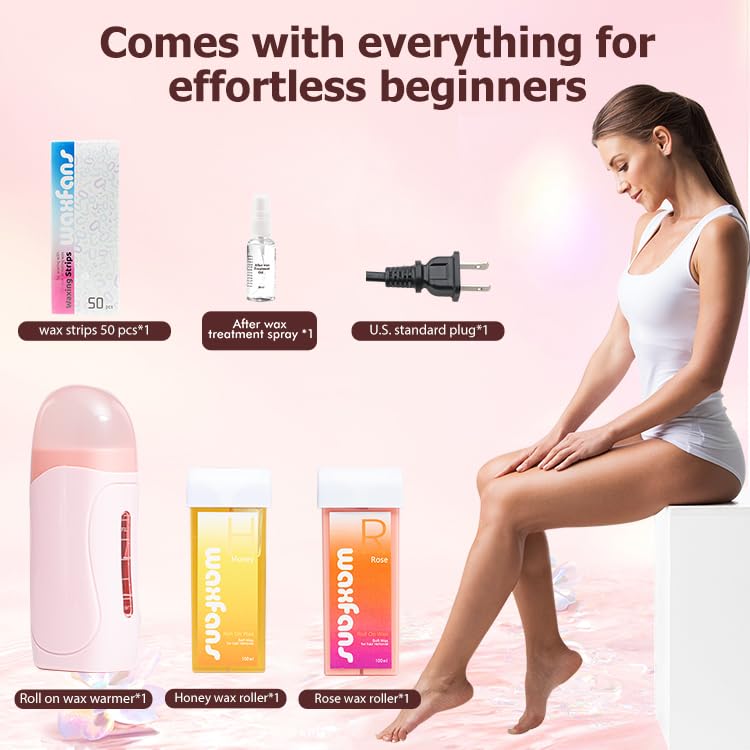 Waxing Kit for Women and Men, Wax Roller Waxing Kit for All Skin Types, Roll On Waxing Kit for Hair Removal, with Honey and Rose Wax