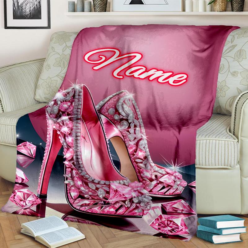 1PC Custom Name Pink Sparkle Heels outdooor Flannel blankets Throw Blanket All-Season Throw Gift Bedspread for Couch, Bed, Camping Holiday Birthday gi