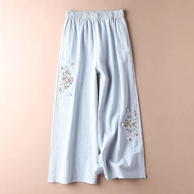 Cotton and Linen Casual Pants Women's Pants Spring and Summer Thin Retro Ethnic Style Embroidered Wide-leg Pants All-match Thin Nine-point Pants Women