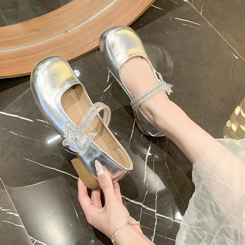 2025 Spring New Fairy Wind Round Head Rhinestone Bow Single Shoes Women's Korean Version Shallow Mouth Mary Jane with Skirt Women's Shoes
