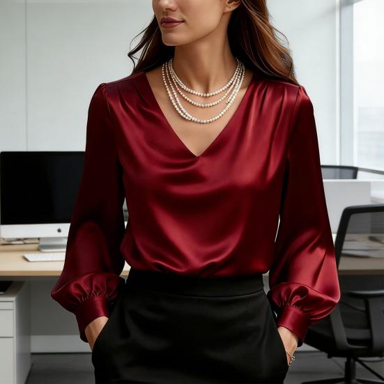 Damenhemd Langarm V-Ausschnitt Puffärmel Satin-Textur Pullover Tops Einfarbig Lockere Passform Arbeit Party Date Reise Freizeit-Tops