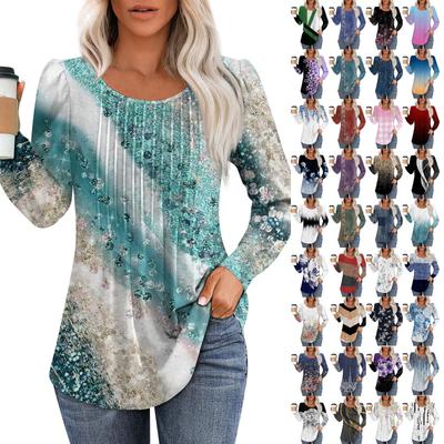 Tricou pliat cu mâneci lungi, cu gât rotund, cu imprimeu casual, pentru femei