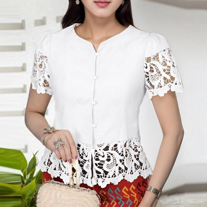 ZANZEA Dame Sommer V-hals Hul Heklet Spleis Kort Ermet Casual Bluse
