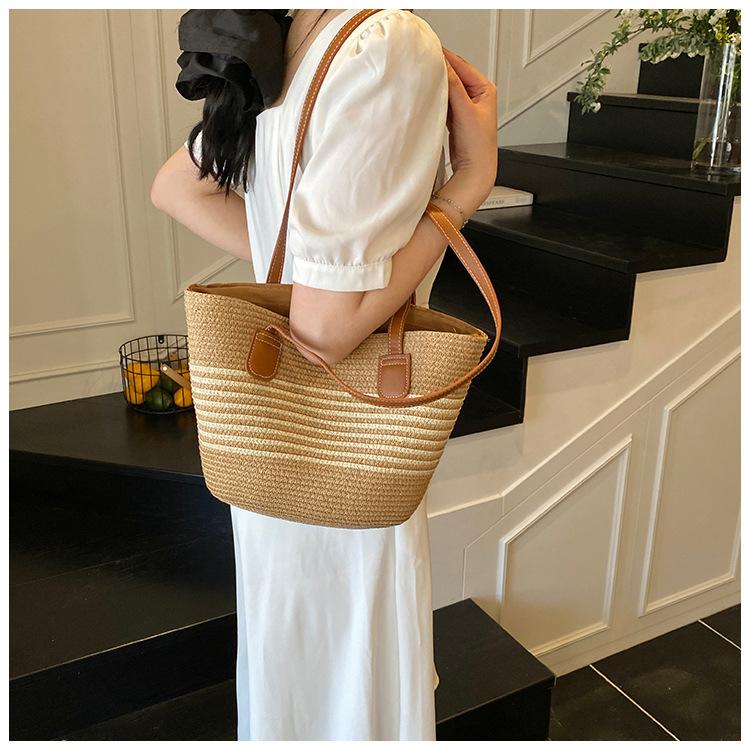 Straw Bag Striped Woven Bag Straw Beach Travel Handbag Shoulder Bag Women's Bag Tote Bag