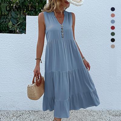 Robe débardeur d'été pour femmes, sans manches, plissée, ample, col en v, robes mi-longues