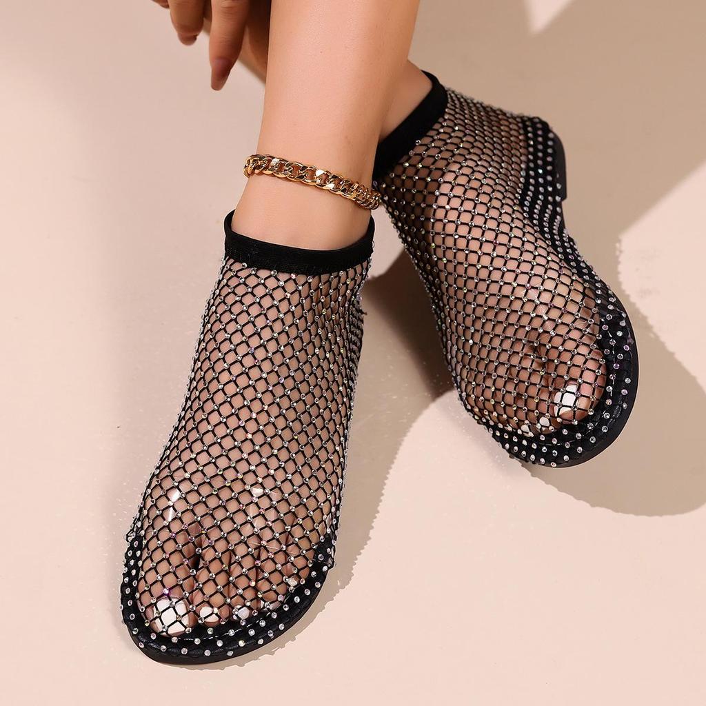 Women's Round Toe Rhinestone Mesh Slip-On Beach Sandals