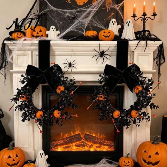 Halloween Shop Window Decor Wreath for Front Door, 9 Inch Pumpkin with Black Berry Velvet Bow Home Porch Holiday Party