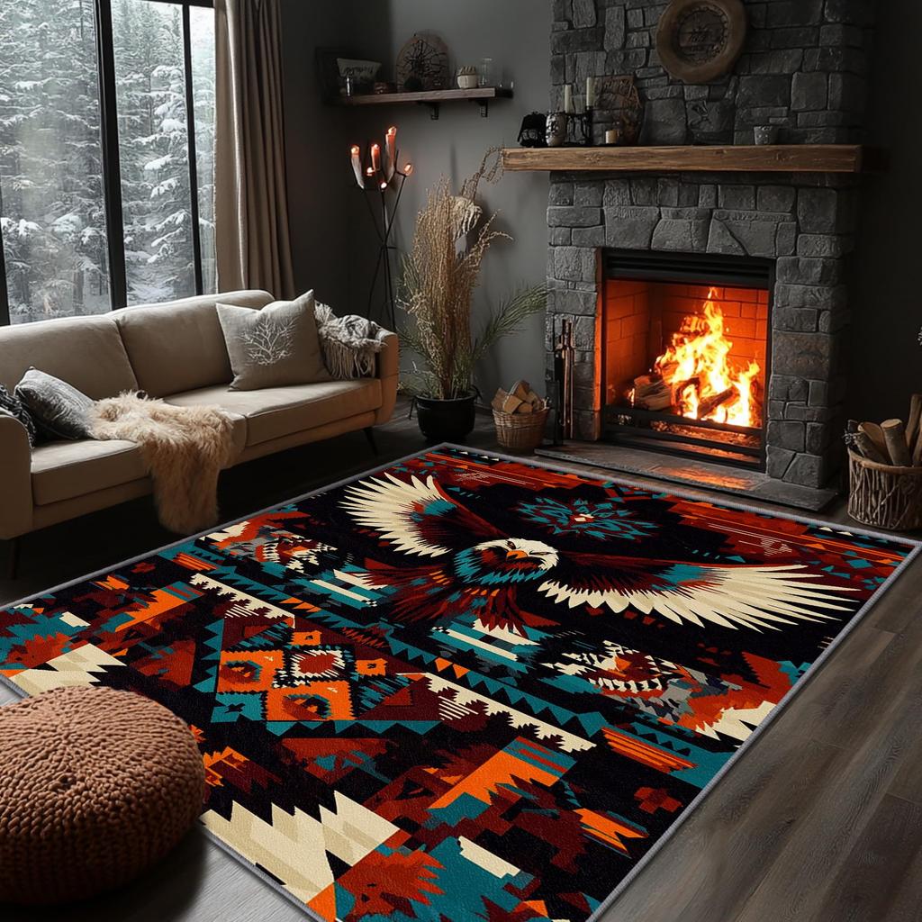 Southwestern Aztec Star Print Area Rug, Turquoise & Orange Tribal Design Non-Slip Floor Mat for Living Room Bedroom Home Decor