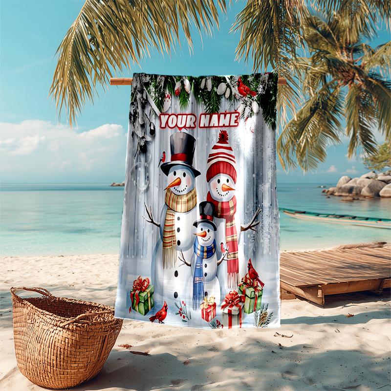 1PC Custom Name Winter Snowman Family Scene Beach Towel Highly Absorbent And Sand-Resistant Towel for Swimming, Pool, Yoga, And Travel Lightweight