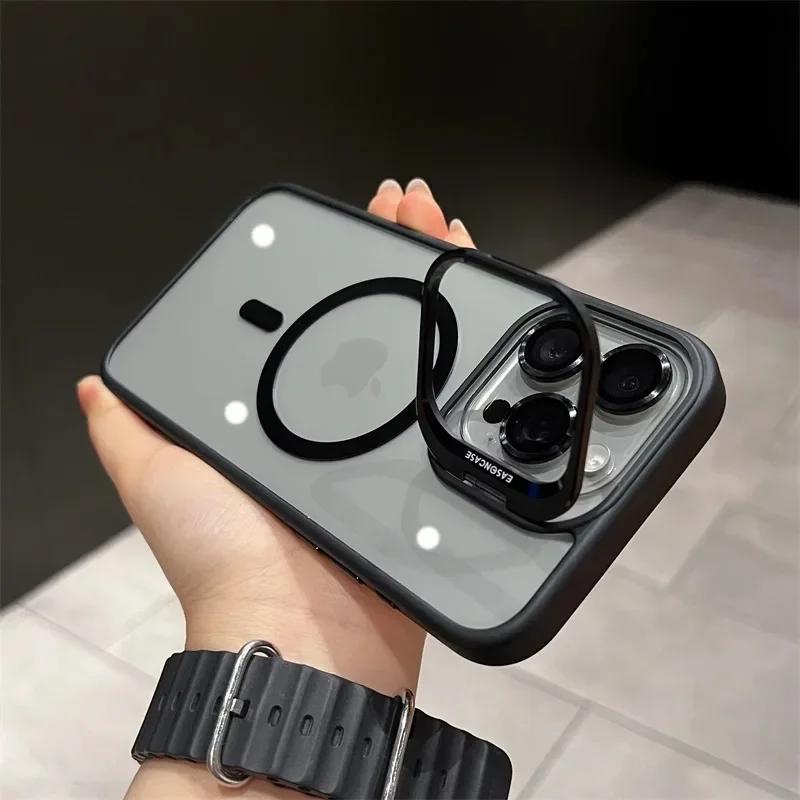 Metal Ring Lens Stand Protector Magnetic Phone Case for IPhone 17 16 15 12 13 14 11 Pro Max for Magsafe with Glass Lens Cover