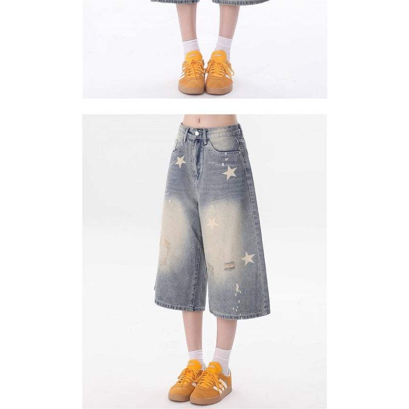 Women American Retro Distressed Star Print Loose Denim Cropped Pants