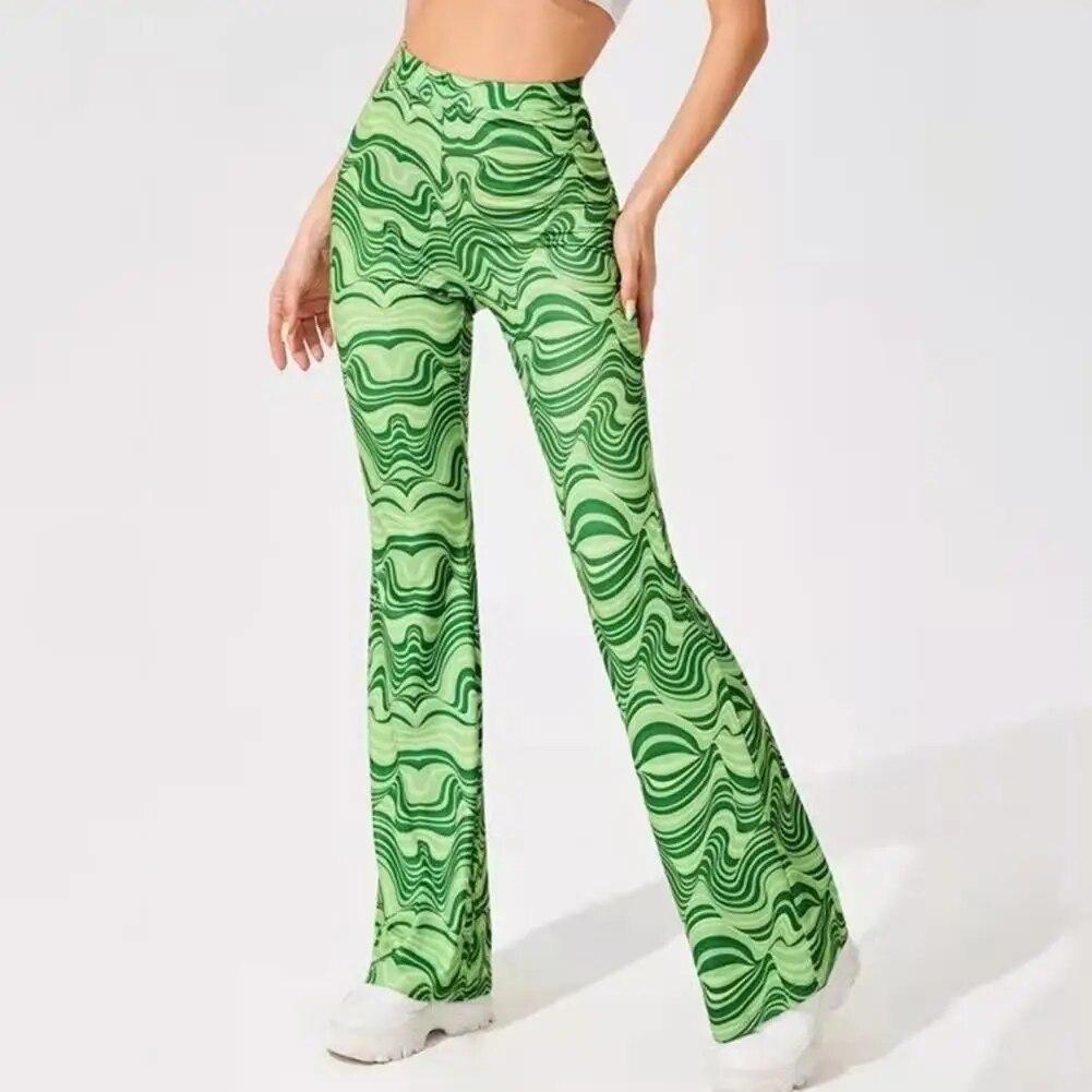 Women Flared Trousers Contrast Color Water Wave Print High Waist Spring Yoga Pants Slim Fit Elastic Waist Bell-bottomed Pants