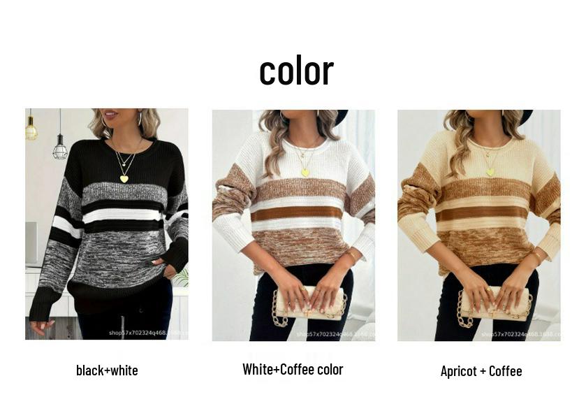 Striped Knitwear Loose Long Sleeve Sweater - Round Neck, Autumn Winter Style for Women, European American Fashion 2025.