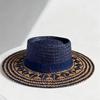 (L, Blue) Men Women Straw Sun Hat Breathable Ethnic Style Stylish Flat Top Wide Brim Beach Hat