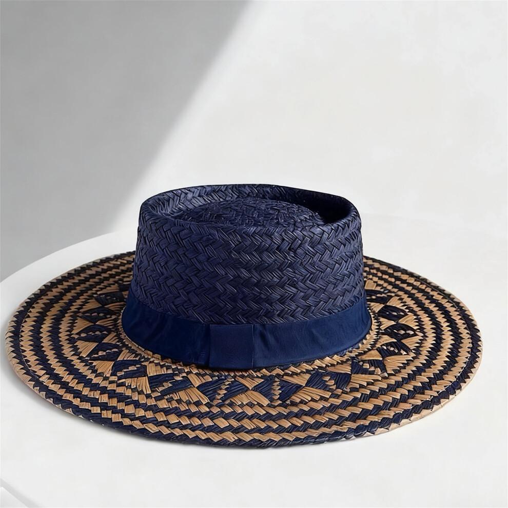 (L, Blue) Men Women Straw Sun Hat Breathable Ethnic Style Stylish Flat Top Wide Brim Beach Hat