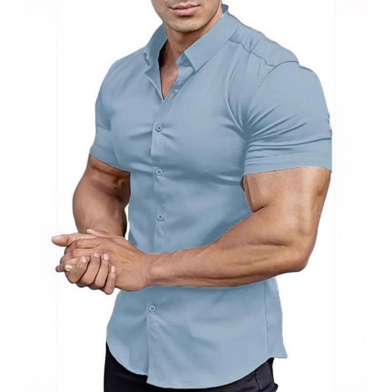 Men Short Sleeve Turn Down Collar Solid Casual Shirt