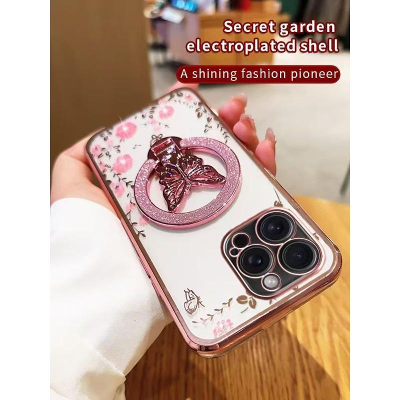 

Подходит для Apple 16pro Чехол для мобильного телефона Secret Garden Блестящая подставка-бабочка IPHONE15 Прозрачный защитный чехол I14 iPhone11pro розовый