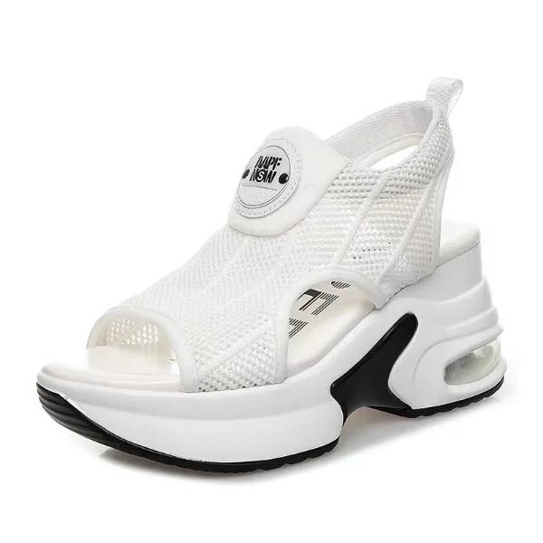 

Модные ретро черные сетчатые босоножки на платформе корейские туфли с открытым носком и полой танкеткой, увеличивающие рост, 8 см, летние новые нескользящие теннисные туфли с воздушной подушкой 34 белый