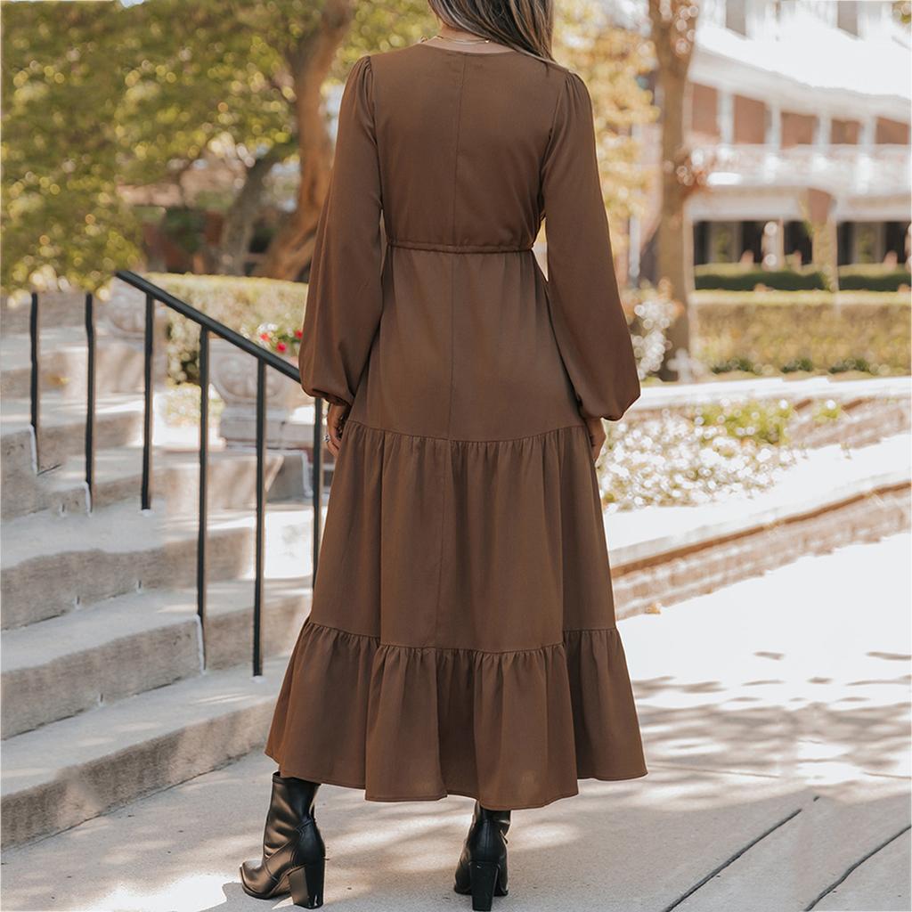 Women's Fashionable Casual Long-sleeved Tie Loose Maxi Dress
