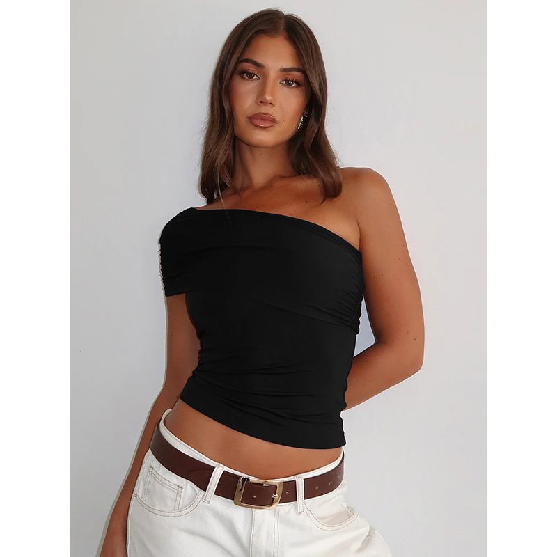 Shemoda Stylish Asymmetric Shoulder Diagonal Collar Pure Color T-shirt Female Sexy Sexy Pleated High Waist Silm Tops