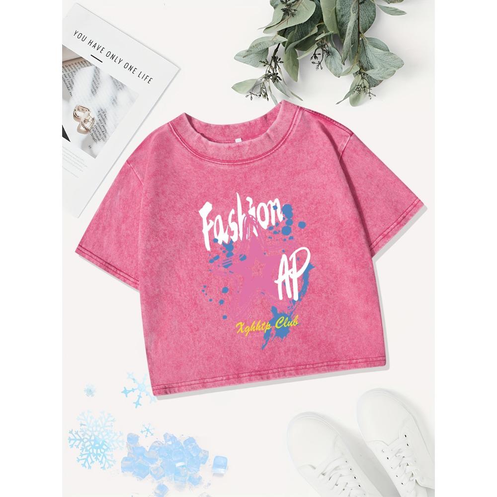 Summer Cotton Crop Tops Womens Graffiti Fashion Pentagram Prints Washed T-Shirt  Fit O-Neck Tees Street Clothes