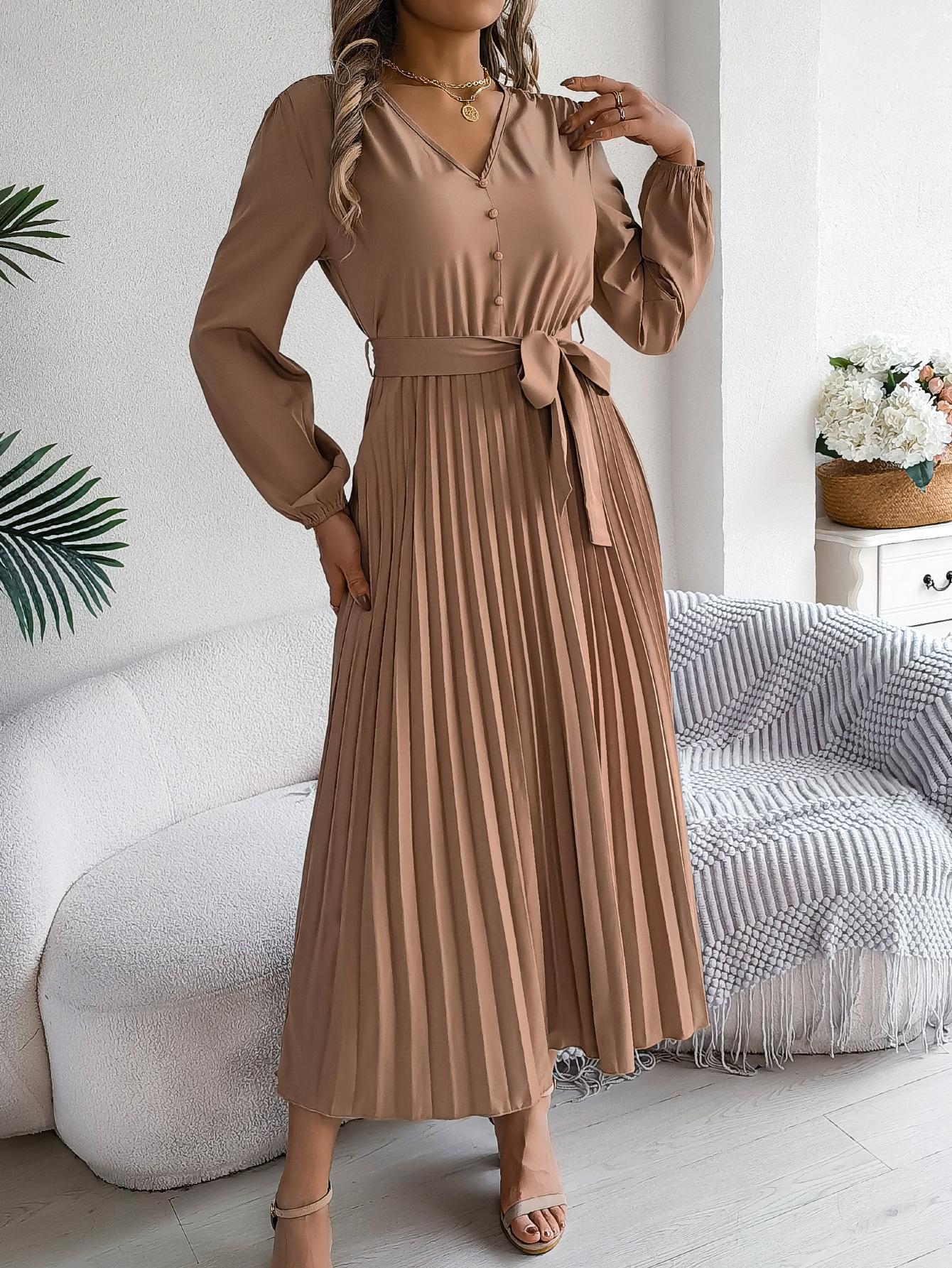 Elegant High Waist V Neck Button Lace Up Lantern Sleeve Pleated Long Swing Dress For Women S