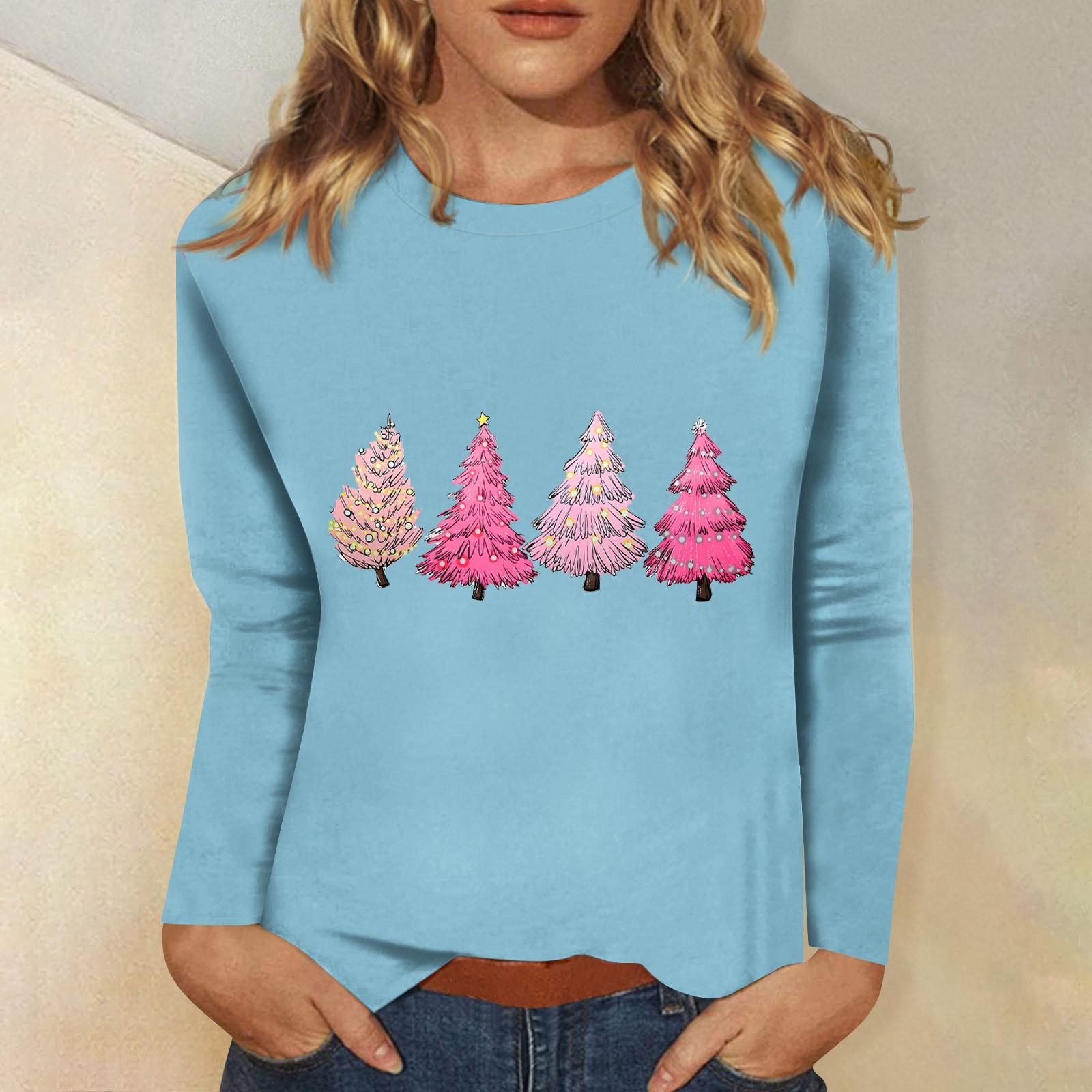 

Женский повседневный повседневный топ с длинными рукавами и рождественским принтом с круглым вырезом XL небесно-голубой