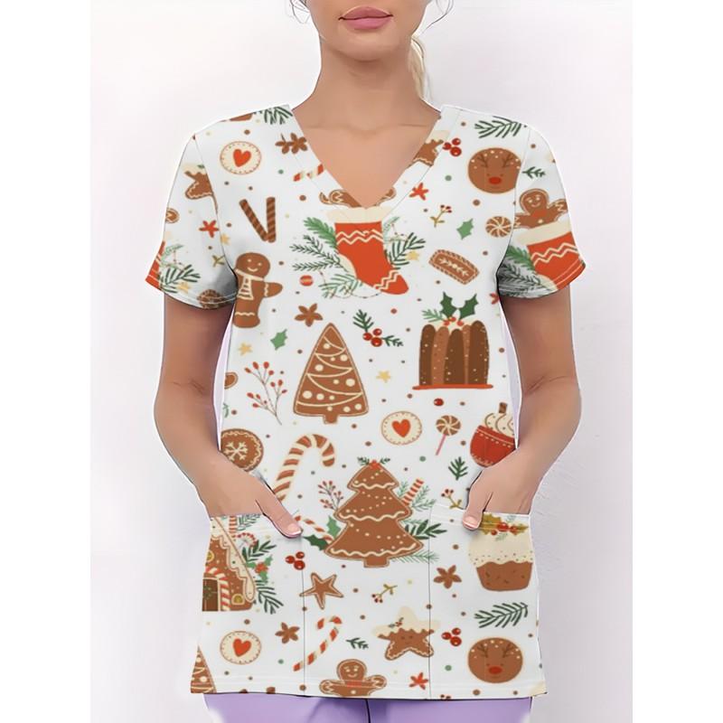 Womens V-Neck Short Sleeve Nursing Scrub Top With 3D Cartoon Print Comfortable Workwear Casual Medical Uniform