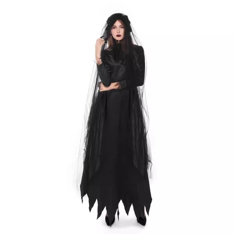 Adult Dark Vampire Cosplay Costume Gothic Ghost Bride Witch Long Dress Halloween Role Play Party