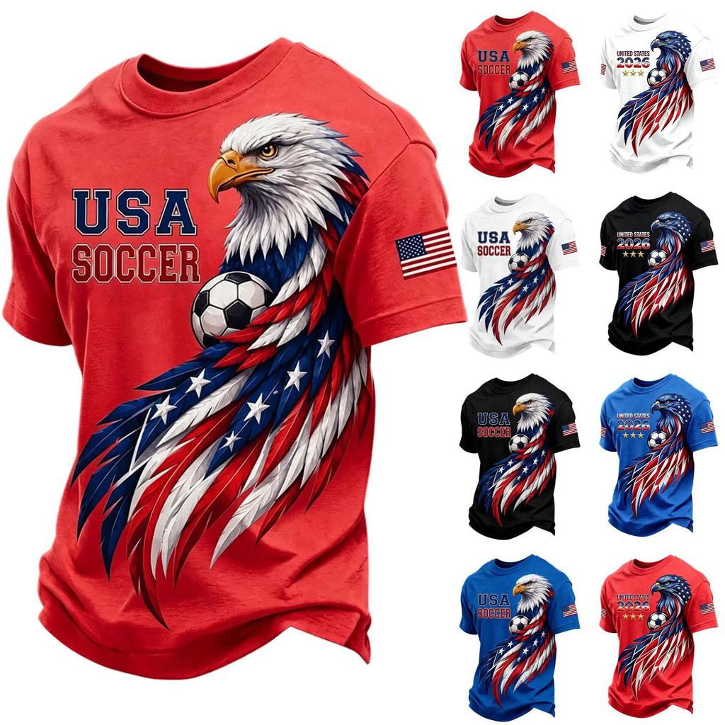 Men's Casual V Neck Breathable Short Sleeve Shirt Soccer Graphic Print Lightweight Comfortable Fit USA Theme