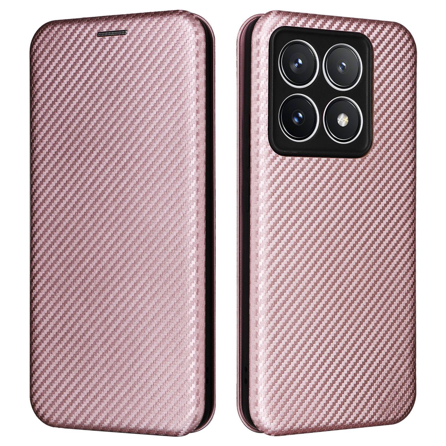 

For Xiaomi 14T Pro Case Carbon Fiber Texture Drop-Proof PU Leather Phone Cover Rose Gold
