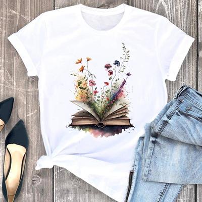 (Tamaño asiático) Camiseta de manga corta para mujer, con estampado de flores y libros, ideal como camiseta de moda para mujer