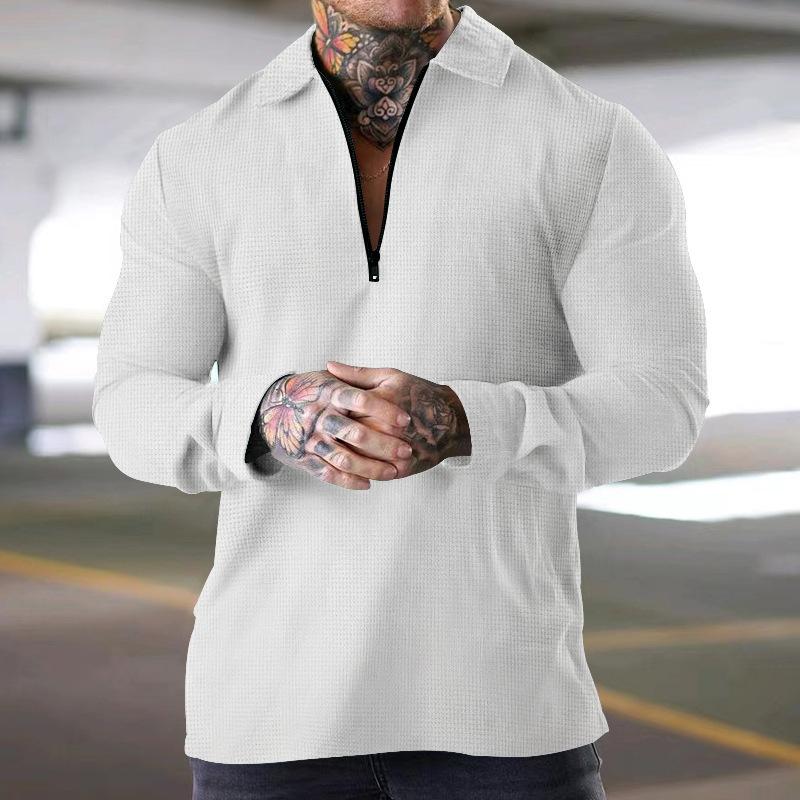 European And American Men's Half Zipper Heavyweight Waffle Thin Lapel Casual Short-sleeved Polo Suit