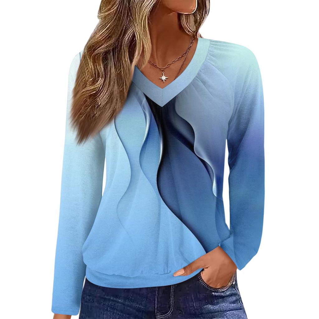 Women's Casual Fashion V-Neck Raglan Pleated Floral Print Long Sleeve Top