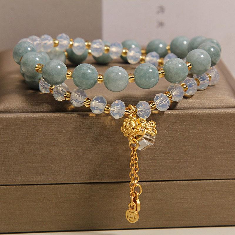 Natural Blue Water Jade Double Circle Crystal Bracelet with Pendant – Light Luxury, Exquisite High-End Feel, Wealth Attraction Hand String for Women
