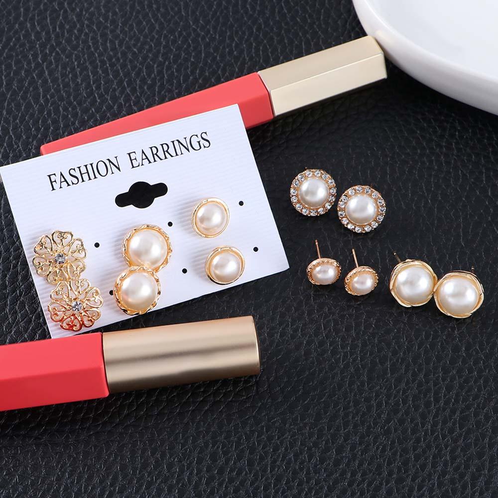 Gold Color Simulated Pearl For Women Hollow Round Accessories Jewelry Earring Sets Stud Earrings