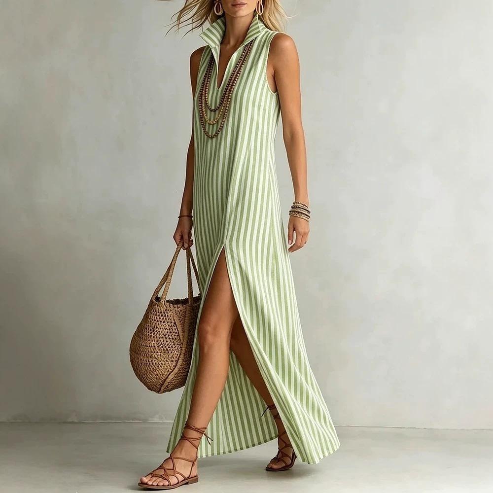 Women's Turn Down Collar Sleeveless Slim Fit Striped Maxi Dress Side Split Long Dress For Beach Casual Daily Wear