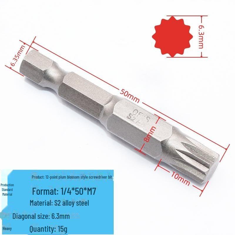 12-Winkel-Druckluftschraubendreherkopf aus gehärtetem S2-Stahl, 1/4" M-Typ, inneres Zwölf-Blumen-Design