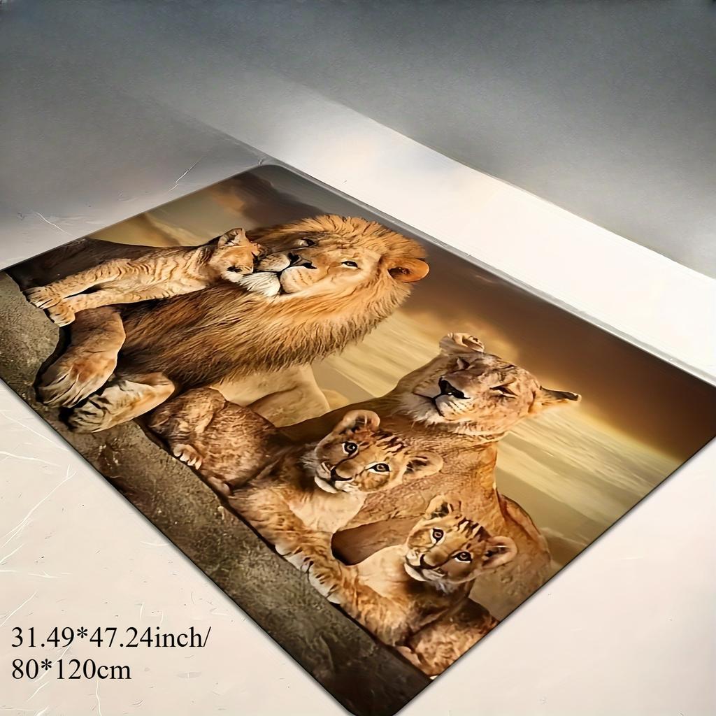 1pc 2D Flat Lion Family Resting Warm Sunset Flannel Area Rug Non Slip Safari Animal Carpet For Living Room Bedroom Floor Decor