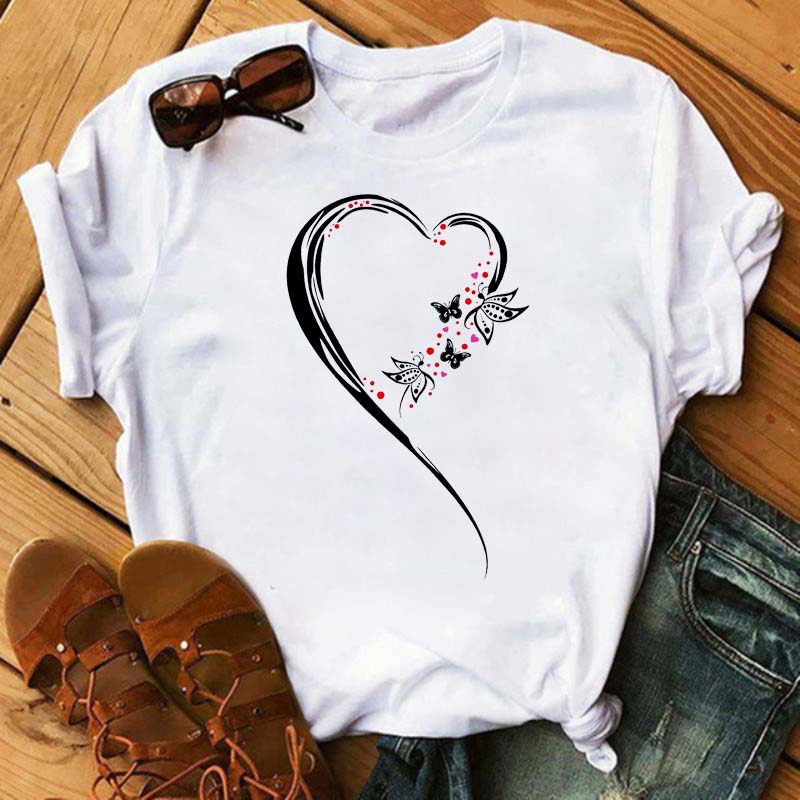 Women T Shirt Aesthetic Butterfly Love Heart Graphic Print Female Tshirt Clothing Summer Fashion Short Sleeve Kawaii T-Shirt
