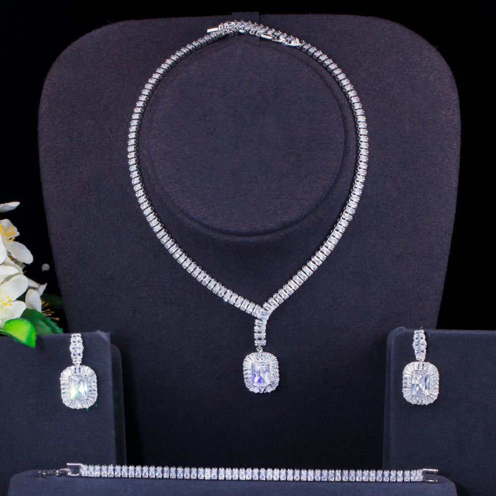 T Square Zircon Necklace Earrings Bracelet Set Bridal Jewelry Dress Accessories Three-Piece Set