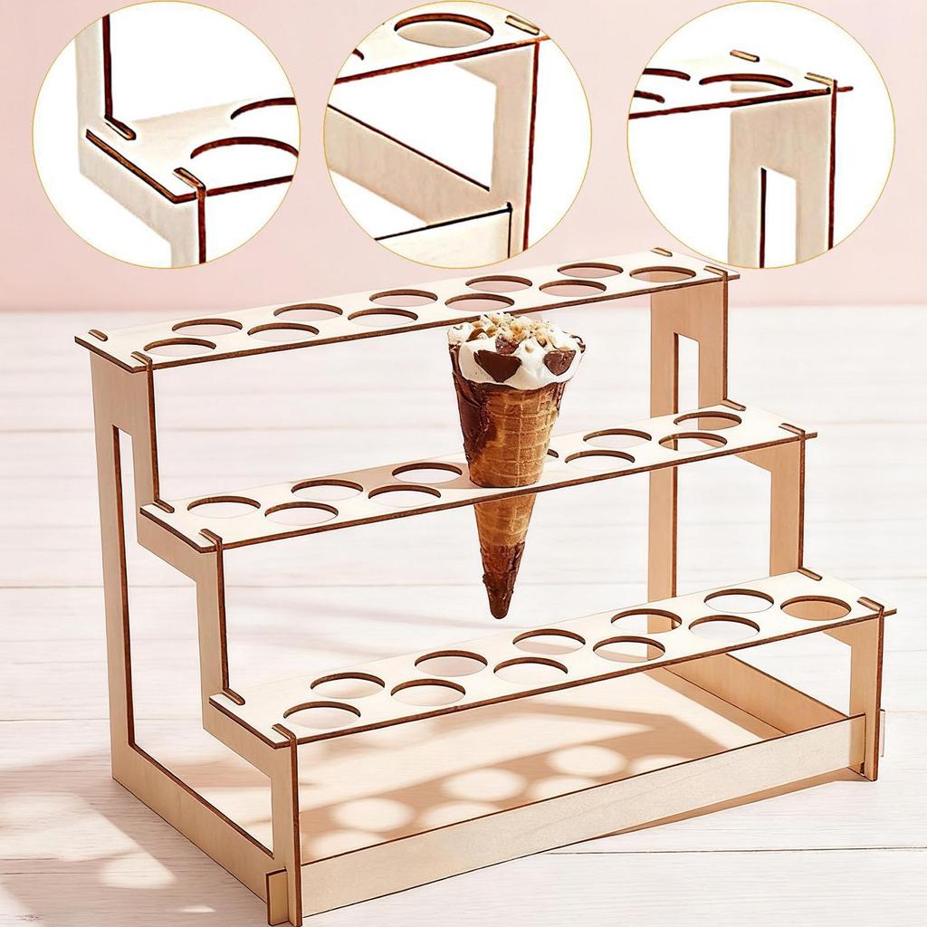 Wooden Ice Cream Cone Holder Shelf 33 Holes Decorative Sturdy 3 Layered Display Stand Pastry Rack