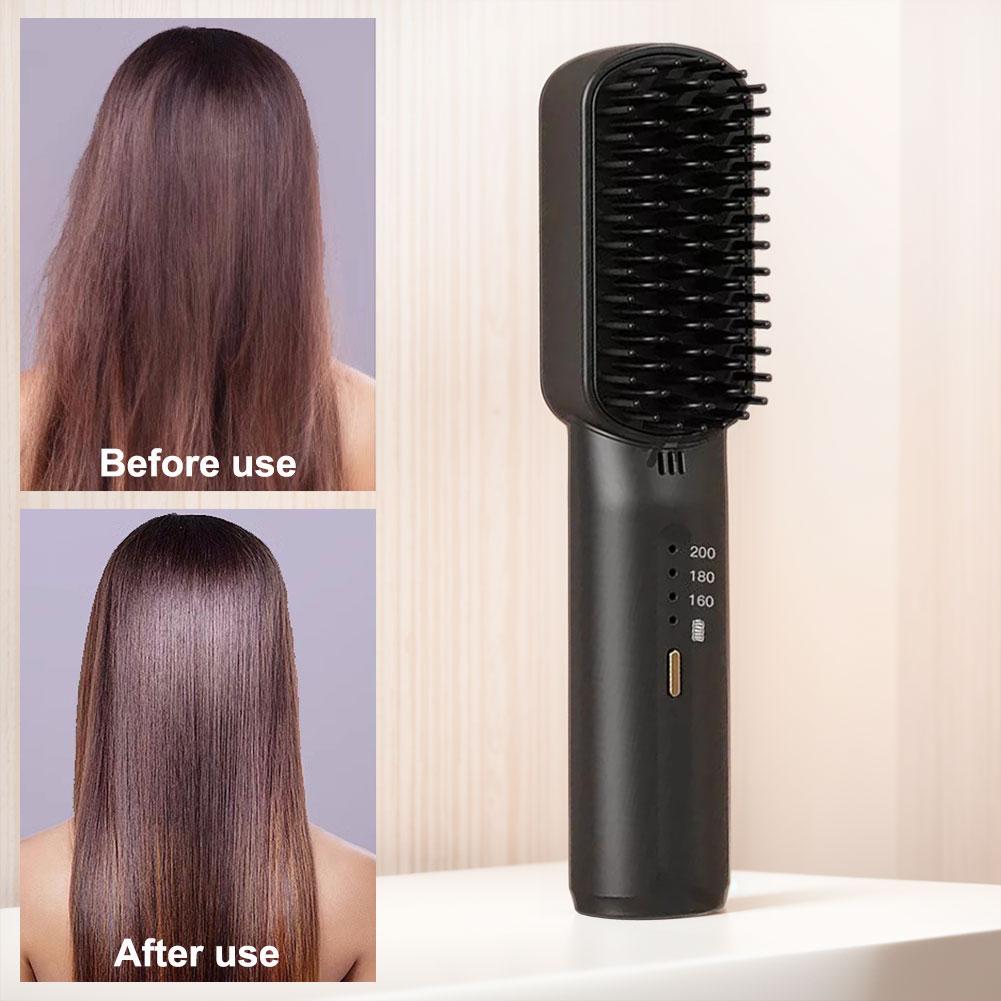 Cordless Hair Straightener Brush Anti-Scald Electric Hot Comb 3 Temp Settings Portable Straightening Brush for Travel & Home