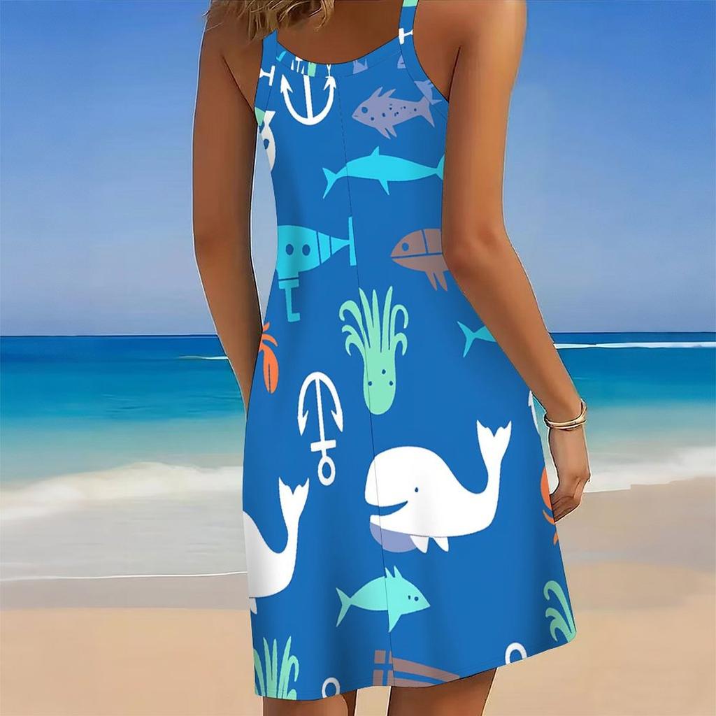 Women Plus Size Sleeveless Round Neck Dress Tropical Banana Leaf White Flower Print Irregular Hem Loose Beach Dress