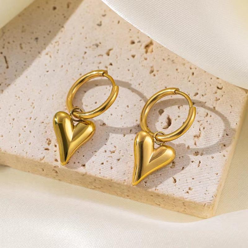 Punk Silver Peach Heart Pendant Earrings for Women Geometric Circular Ear Buckle Trendy Stainless Steel Jewelry