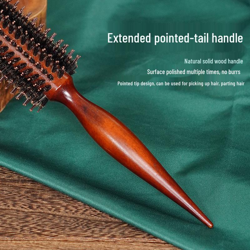 Children's Pig Bristle Round Hair Brush – Wood Handle, Curling Comb, Scalp Massage & Volume Styling for Boys