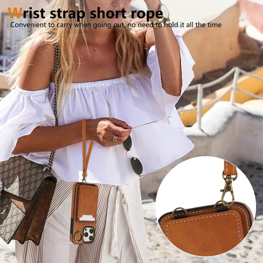 Vertical Cards Solt Ring Holder Leather Wallet Case For iPhone 15 16 Pro Max 14 Plus 13 12 11 XS XR SE2022 Stand Strap Bag Cover
